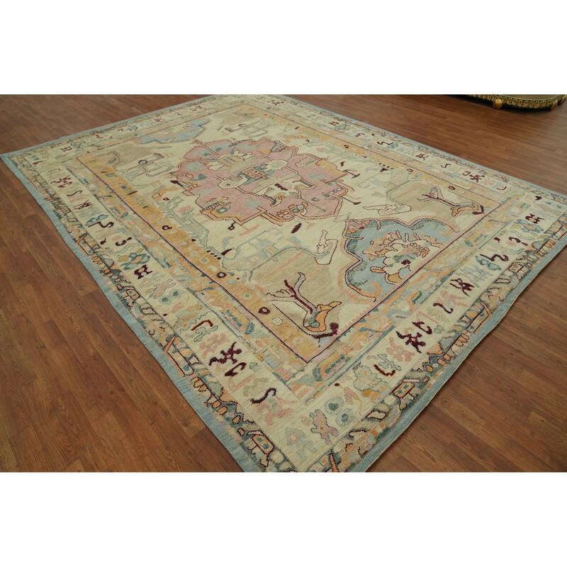 Vegetable Dye Wool Oushak Turkish Area Rug, Medallion Geometric Carpet - 12' 1'' X 9' 0''