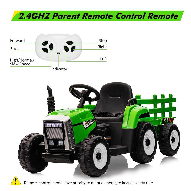 12V Kids Electric Tractor w/Remote Control Treaded Tires,Battery Powered Ride On Tractor with Trailer & 2+1-Gear-Shift