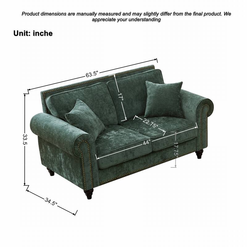Modern Rolled Arm Chenille Sofa, 2-Seater Green Couch with Nailhead Trim, for Living and Room Apartment