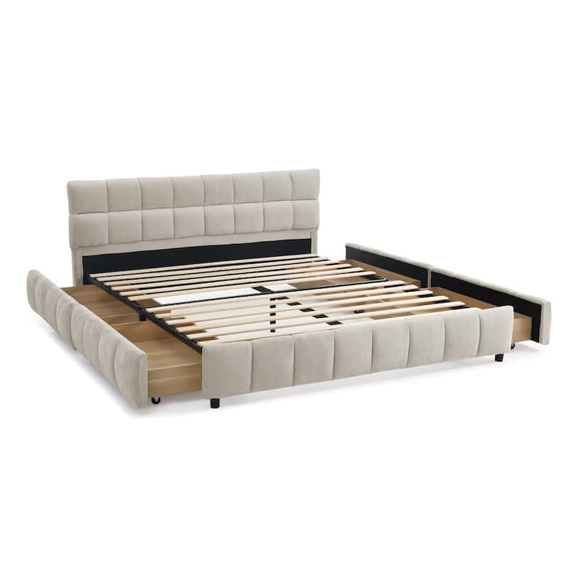 Queen Size Upholstered Bed with Storage Drawers, Soft Chenille Fabric Frame, Modern Platform Bed with Headboard