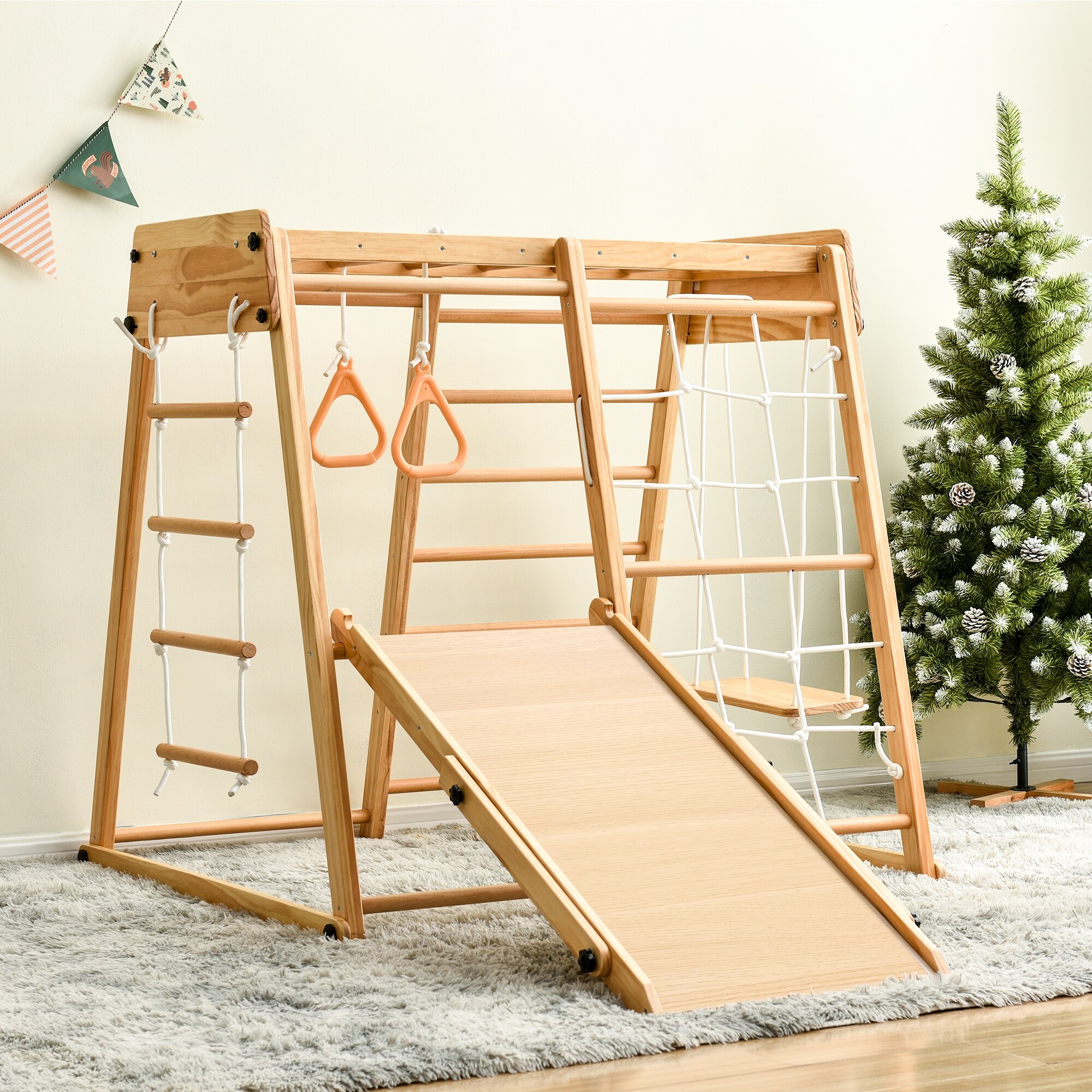 Wooden Indoor Kids Playground Jungle Gym with Slide and Play Table Toddlers Wooden Climber 8 in 1 Slide Playset Natural Wood