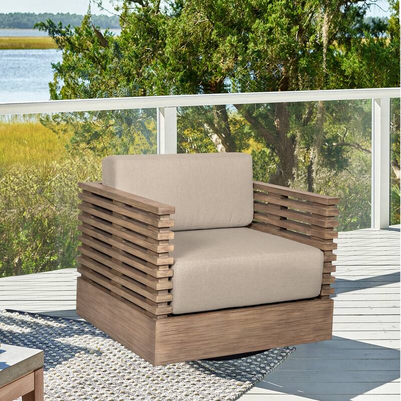 Vivid Swivel Outdoor Patio Chair in Eucalyptus Wood with Olefin Cushions - Taupe