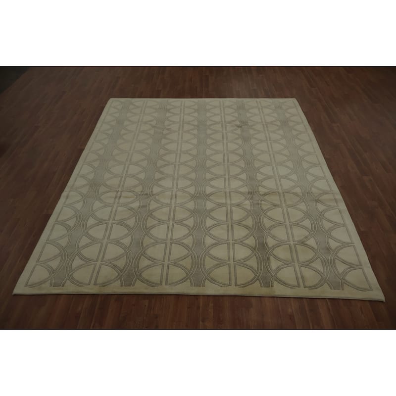 Hand Knotted Oriental 100% Wool Carpet Modern Geometric Beige & Ivories Nepalese Area Rug - 9' 8'' X 8' 2''