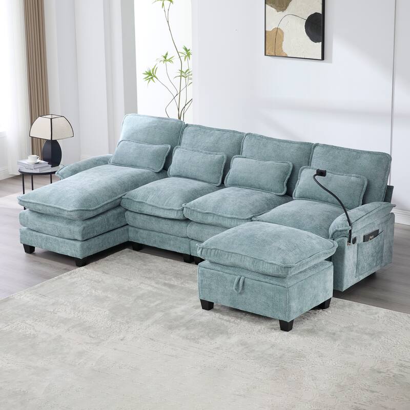 Chenille U-shape Sectional Sofa with Chaise and Storage Ottoman, Modular Couch with USB/Type-C Ports, Side Pockets, Phone Holder - Mint Blue
