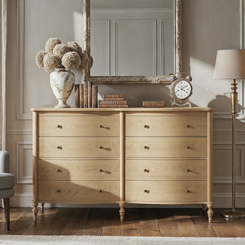 Elegant 8-Drawer Dresser with Solid Wood Legs, Vintage Curved Front Chest of Drawers for Bedroom Storage