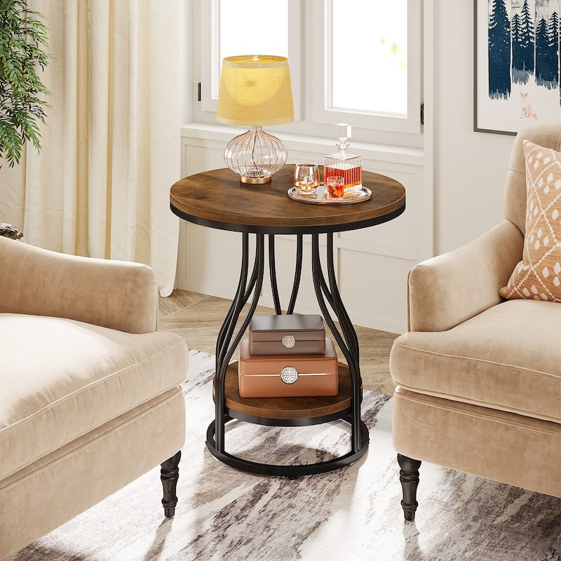 Round End Table, 2-Tier Side Tables, Modern Bedside Table, Small Chirside Tables for Couch Side