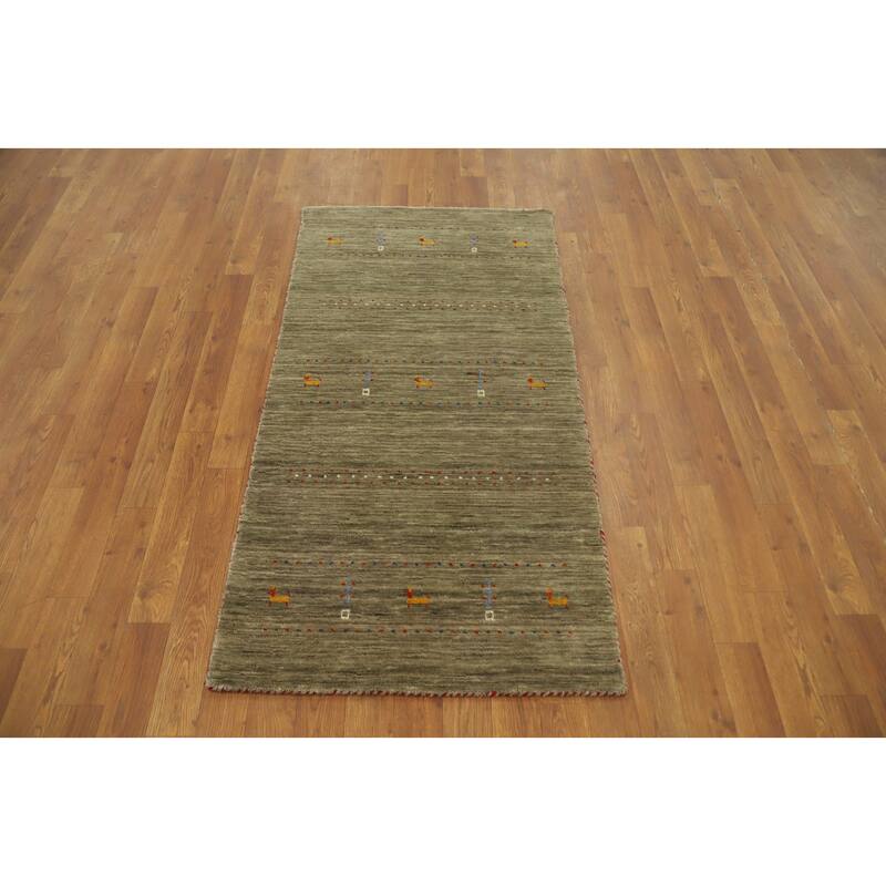Hand Knotted Oriental 100% Wool Carpet Tribal Animal Pictorial Green Gabbeh Runner Rug - 4' 8'' X 2' 4''