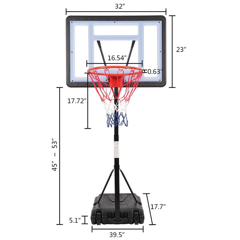 Portable Pool Basketball Hoop,45" - 53" Adjustable Height