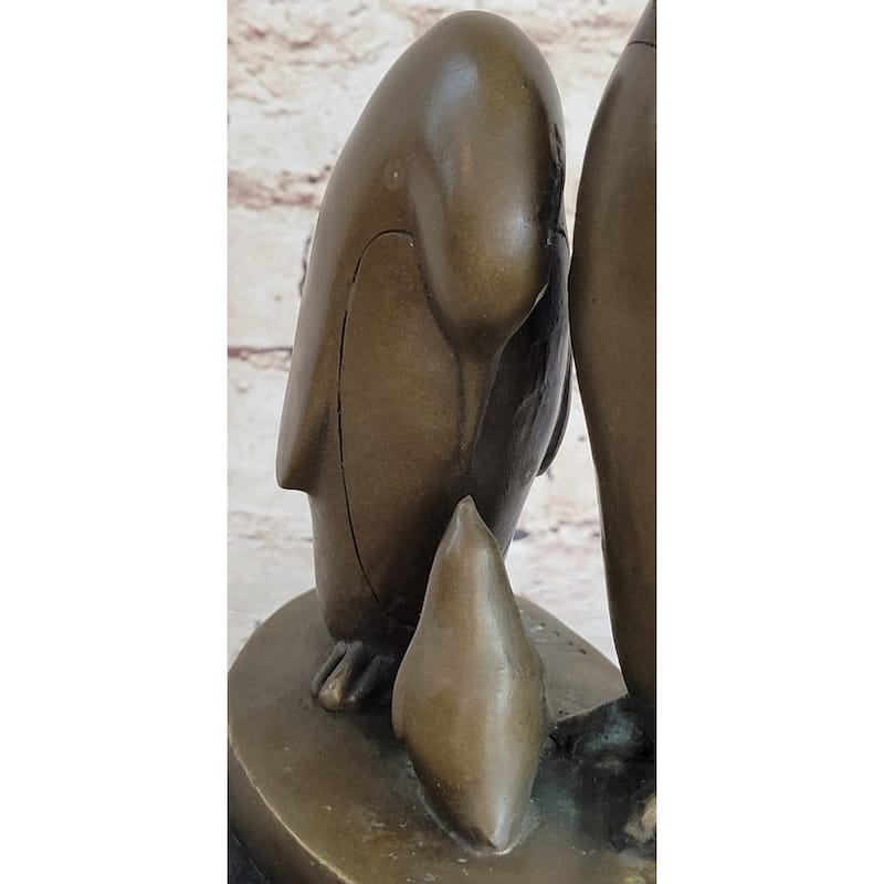 Penguin Family On Heart Shaped Marble Base Bronze Statue Figure Sculpture 8 Inches X 6 Inches