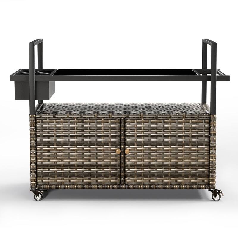 Outdoor Grill Cart Table with Wheels, Wicker Kitchen Island