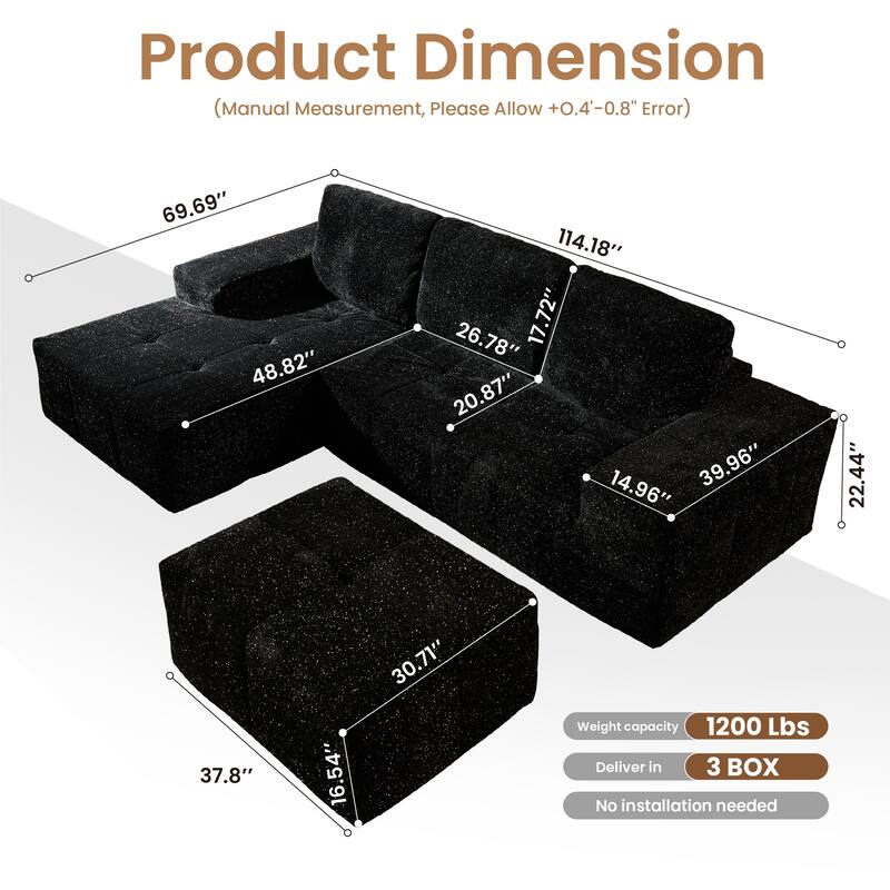 HOOOWOOO Modern Sparkly Velvet Fabric Chaise Sofa Couch with Ottoman