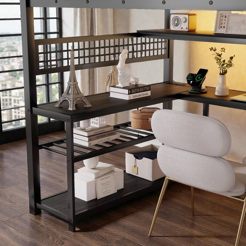 Full Size Metal Loft Bed with Staircase Storage, Wardrobe, Desk, Shelves, LED Lights and Charging Station