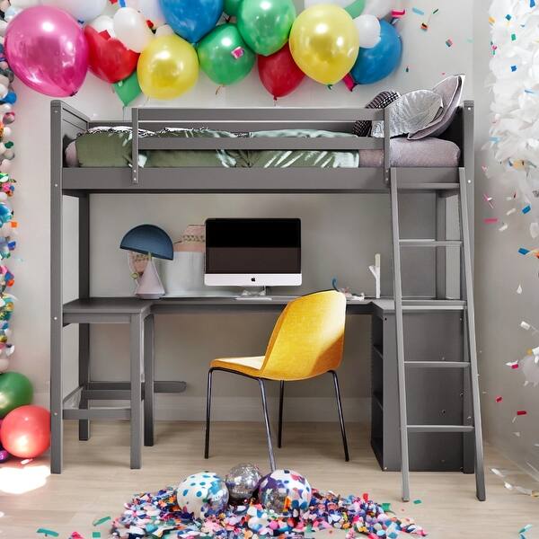 slide 2 of 9, Modern Twin Size Wooden Loft Bed With Shelves and Desk,Solid Construction Grey