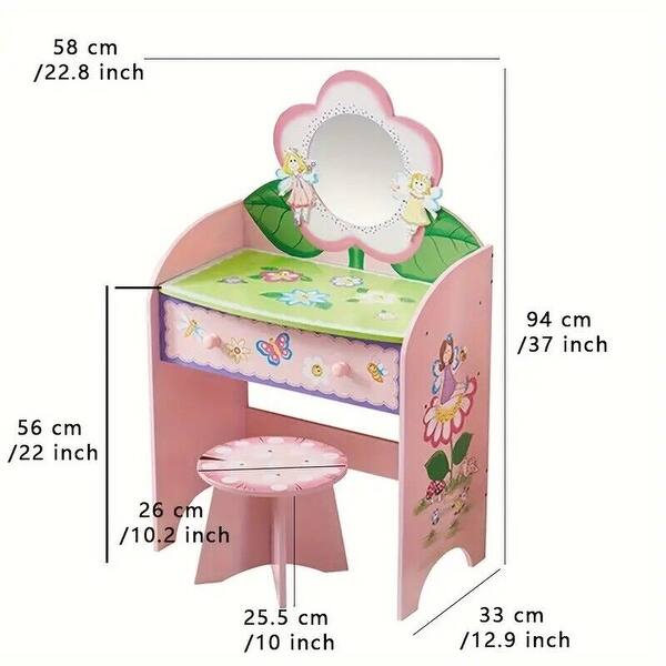 Wooden Kids Vanity Table Set Makeup Dressing Table Stool Mirror Pink Girls Gifts - 10*37*15