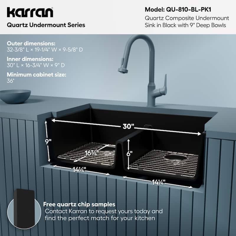 Karran 32" Undermount Double Equal Bowl Quartz Kitchen Sink Kit - 32" x 19.5" x 9"