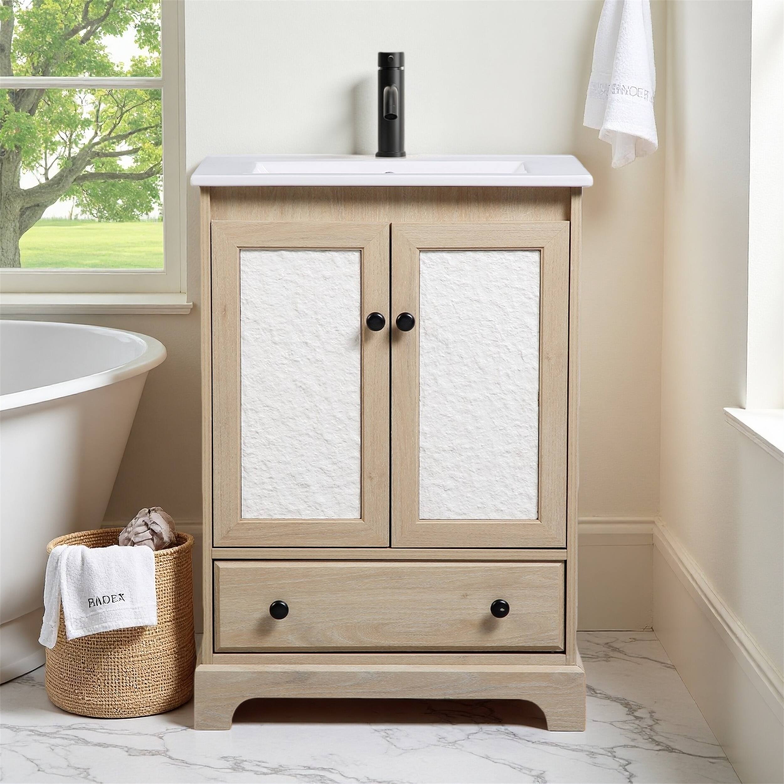 Wooden Bathroom Vanity Base with Soft-Close Hinges and Carving