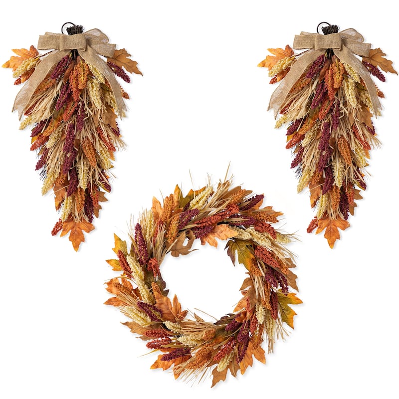 Glitzhome Fall Harvest Artificial Sorghum Garland Wreath Swag Floral Porch Decor