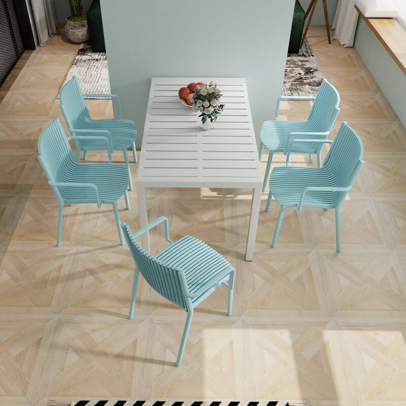 4pcs Modern Stackable Plastic Armchair for Indoor/Outdoor Use - Ergonomic Slatted Back Design, All-Weather PP Material