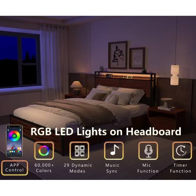 Full/Queen Bed Frame with Storage Headboard, LED Lights, Charging Station, 6 Drawers, No Box Spring Needed