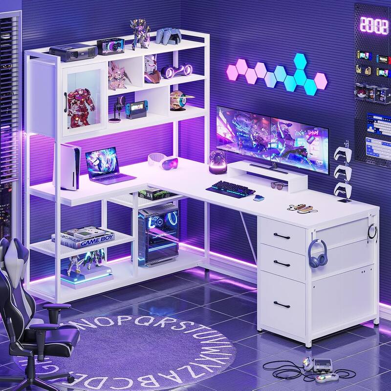 L Shaped Computer Desk 58'' Office Desk with 3 Drawers and Bookshelf