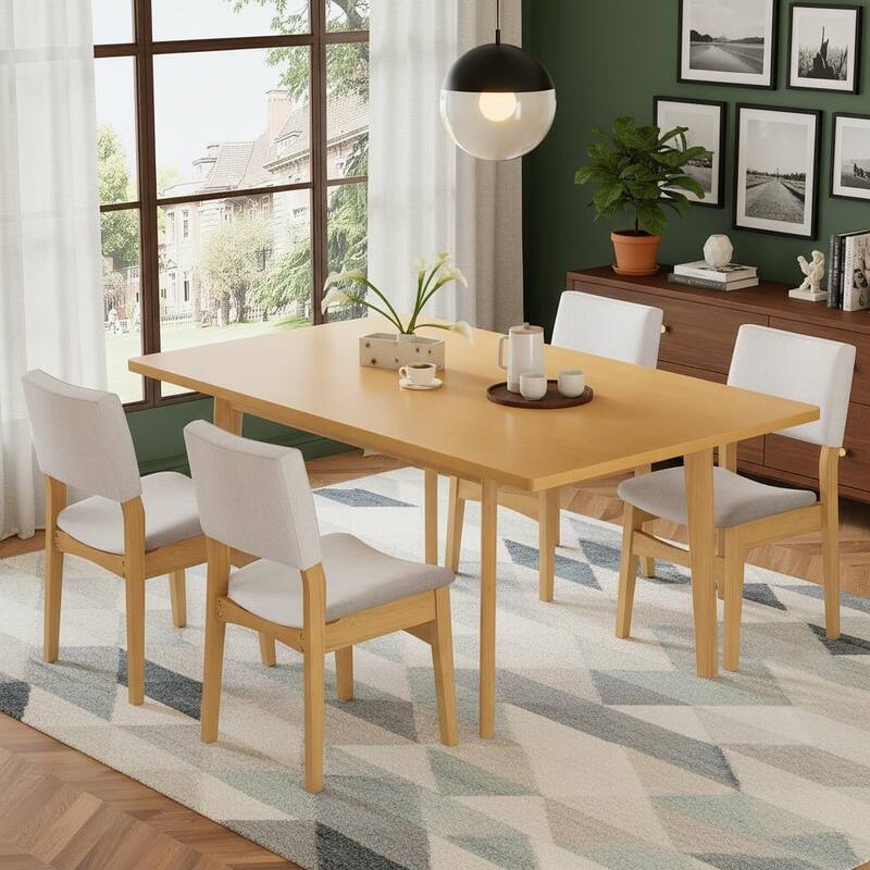 5-Piece Modern Wood Dining Set with Linen Upholstered Chairs by Harper&Bright Designs