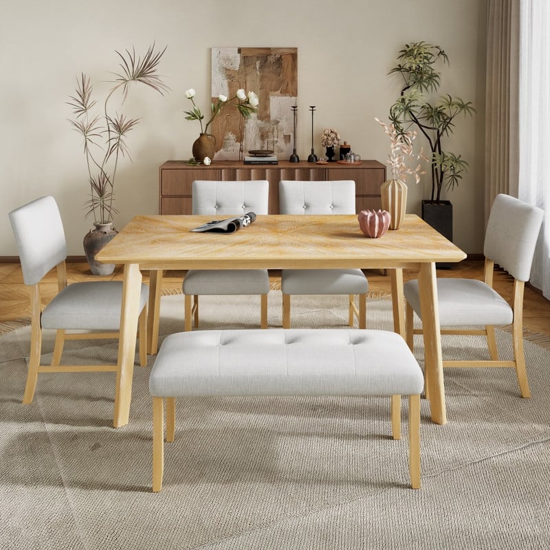 Retro Rubberwood Dining Table for 6, Minimalist Rectangular Kitchen Table