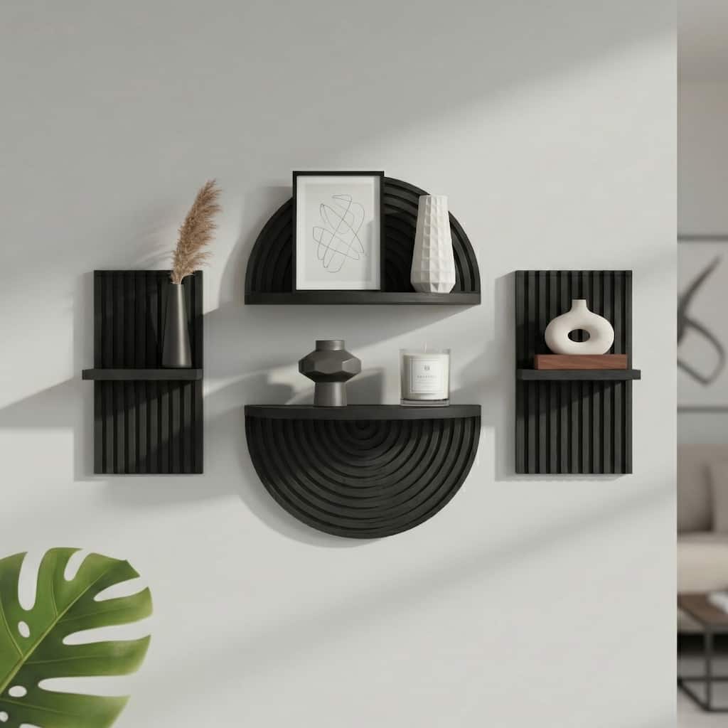 Black Boho Arched Lunar Ledges 4-Piece Modular Wood Floating Wall Shelf Set with Fluted Design - 6.62" H x 11.75" L x 5" D