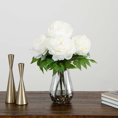 Peony Floral Arrangement with Glass Vase - 16" - White and Green
