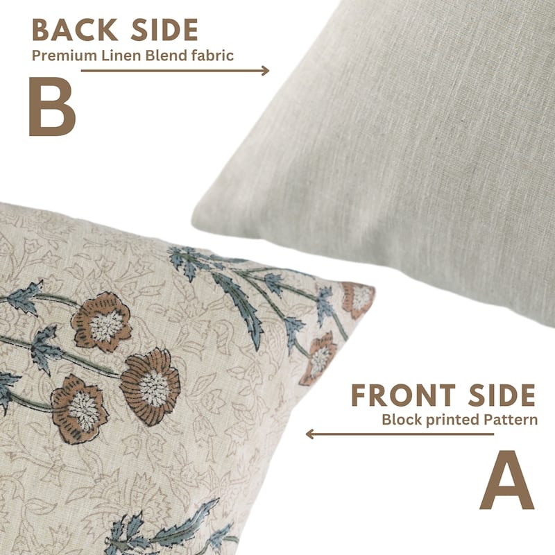 Fabdivine Hand Block Print Floral Pillow Cover Linen Cushion Case for Sofa Guest Room Fall Home Accent Gift, Shehjan
