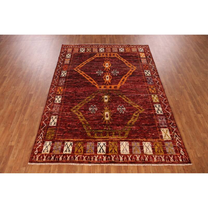Geometric Red Moroccan Oriental Area Rug Hand-Knotted Wool Carpet - 6'10" x 9'7"