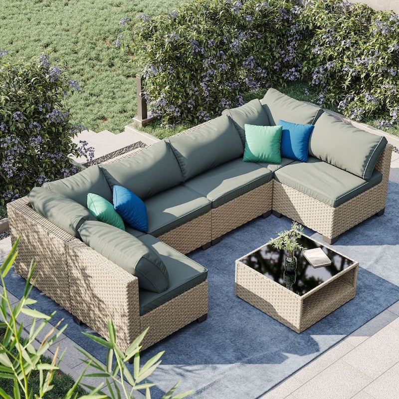 7-Piece All-Weather Outdoor Sectional Sofa with Water Resistant Cushions - Grey