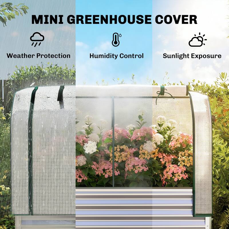 Outsunny Galvanised Raised Garden Bed with Greenhouse Cover, Metal Elevated Garden Bed with Legs, Bed Liner and Bottom Shelf