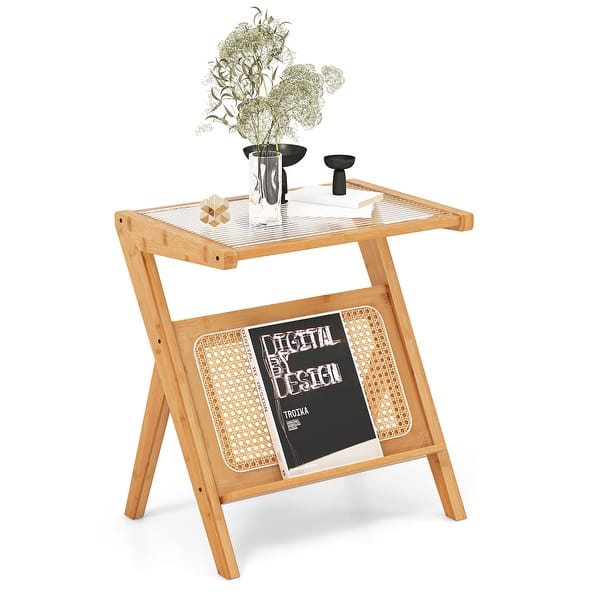 Gymax 2 Pieces Boho End Table with Magazine Rack Versatile Bamboo Bed