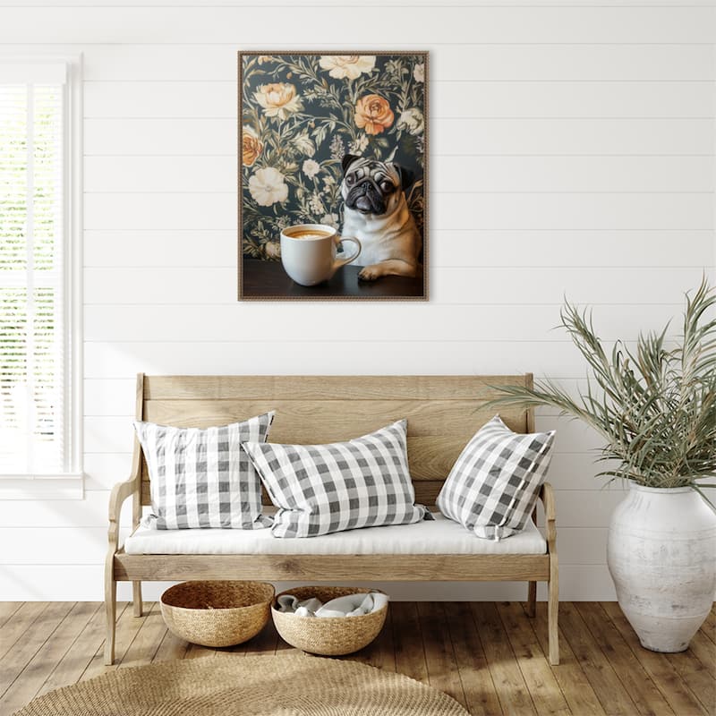 The Latte Loving Pug by Mowzu Framed Canvas Wall Art