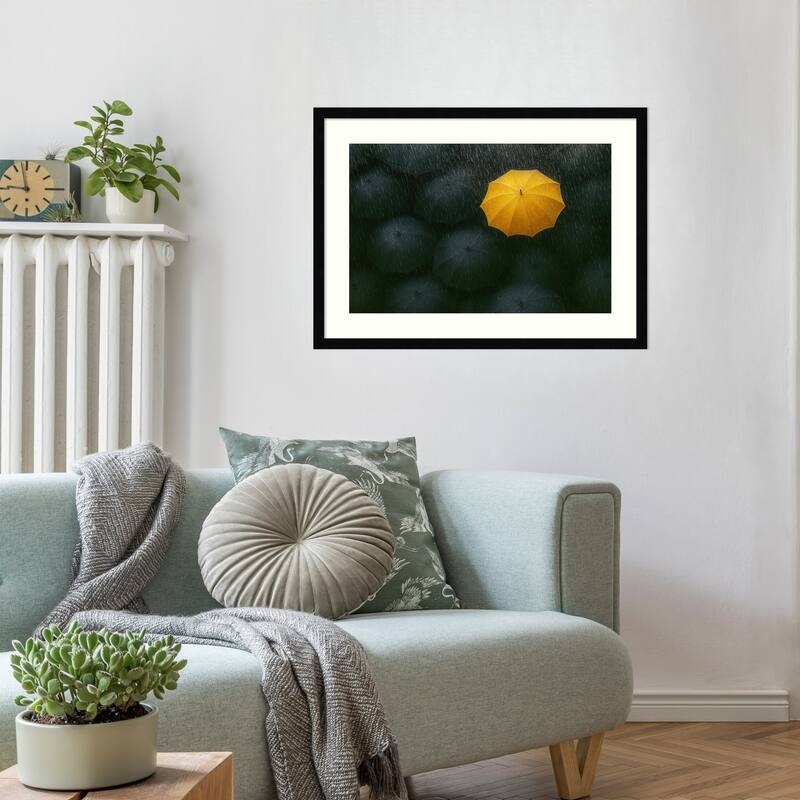 The Yellow Umbrella by Paulo Medeiros Wood Framed Wall Art Print - Svelte Noir Black