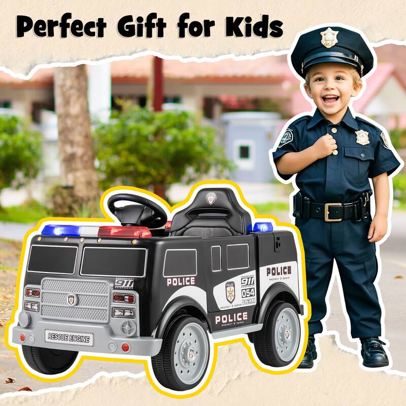 Gymax Kids Ride on Police Car w/ 3 Speeds Megaphone Music FM Radio