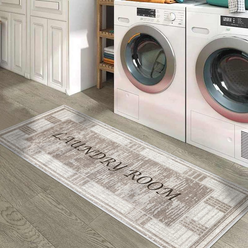 SussexHome Washable Ultra Thin Laundry Room Rug Runner - 20" x 59" - Brown&Cream