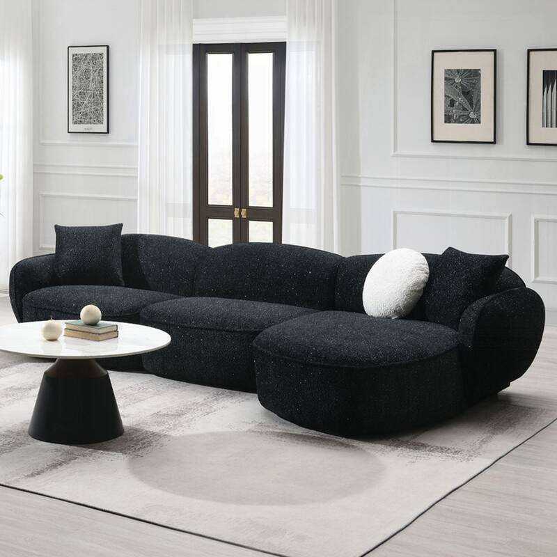 Chenille Upholstered L-Shape Sectional Sofa with 3 Pillows in Black