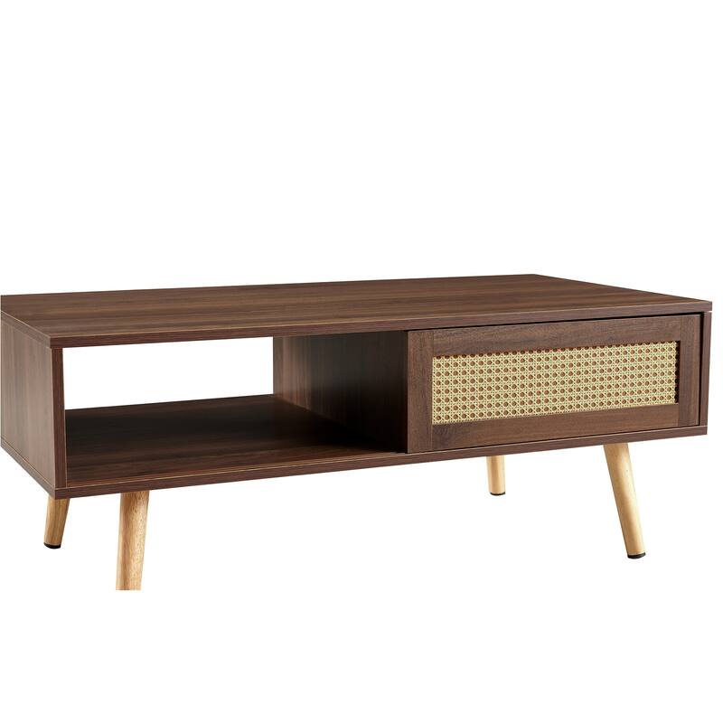 Rectangle Coffee Table with Solid Wood Legs, Sliding Drawer for Storage, Modern Table for Living Room