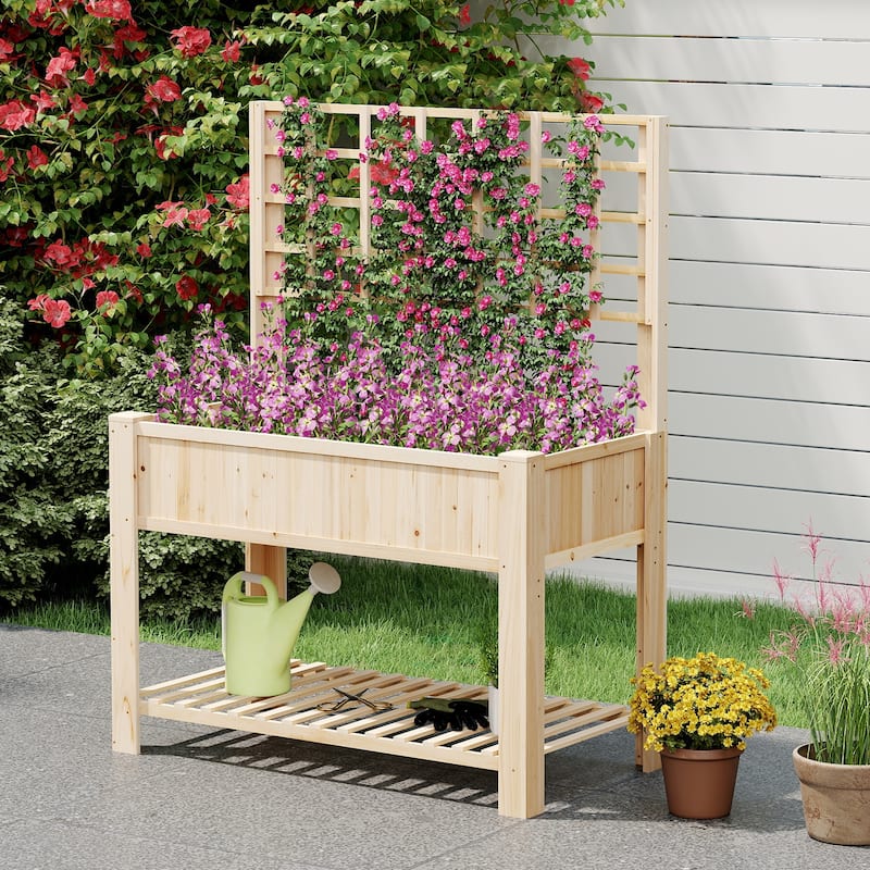 Gymax Raised Garden Bed w/ Trellis Wooden Elevated Planter Box w/ Legs