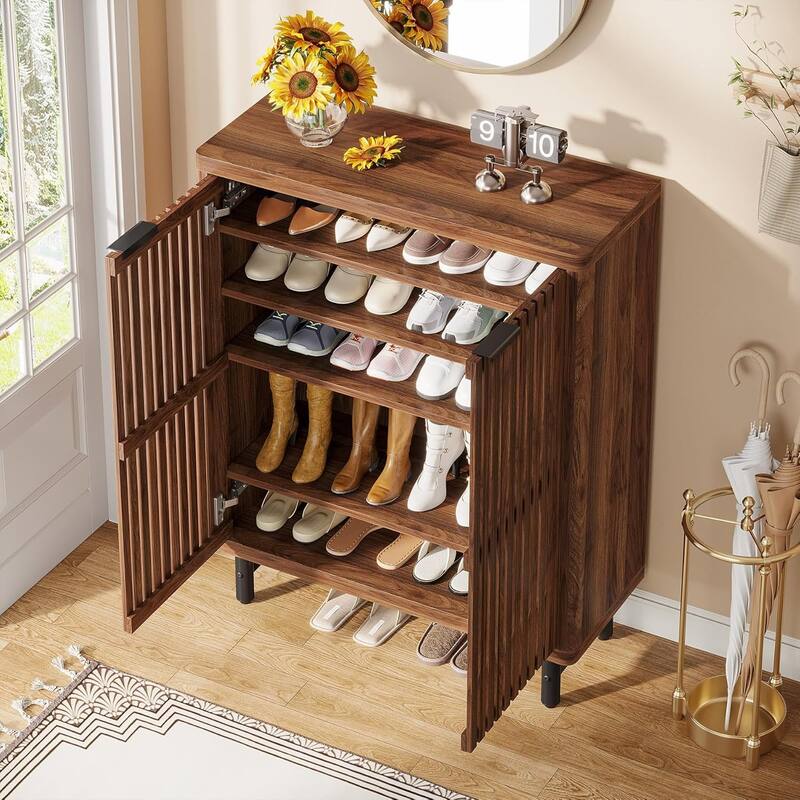 6-Tier Shoe Cabinet with Shutter Doors Adjustable Shelves Wooden Storage Cabinet for Entryway/Hallway/Closet/Living Room