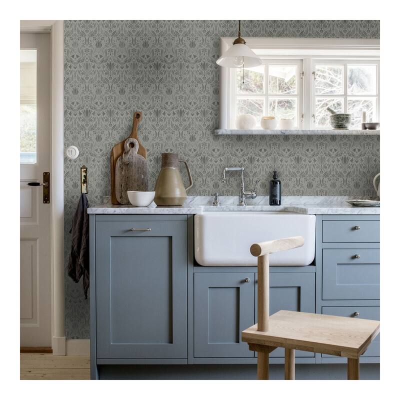 Midbec Ludvig Dark Grey Floral Ogee Wallpaper - 20.5 x 396 x 0.025