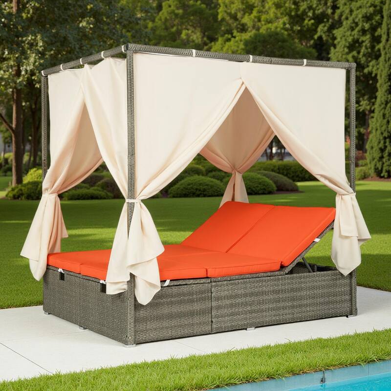 Outdoor Patio Rattan Canopy Daybed Sunbed with Curtain and Adjustable Seat - Orange