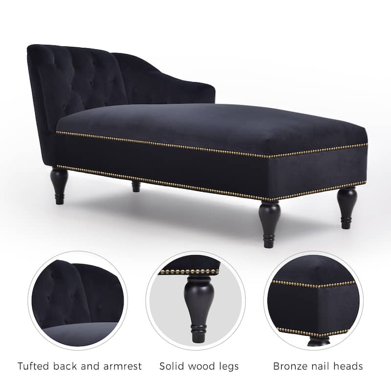 Black 58" Velvet Button Tufted Chaise Lounge Chair with Nailhead Trim and Solid Wood Legs for Living Room