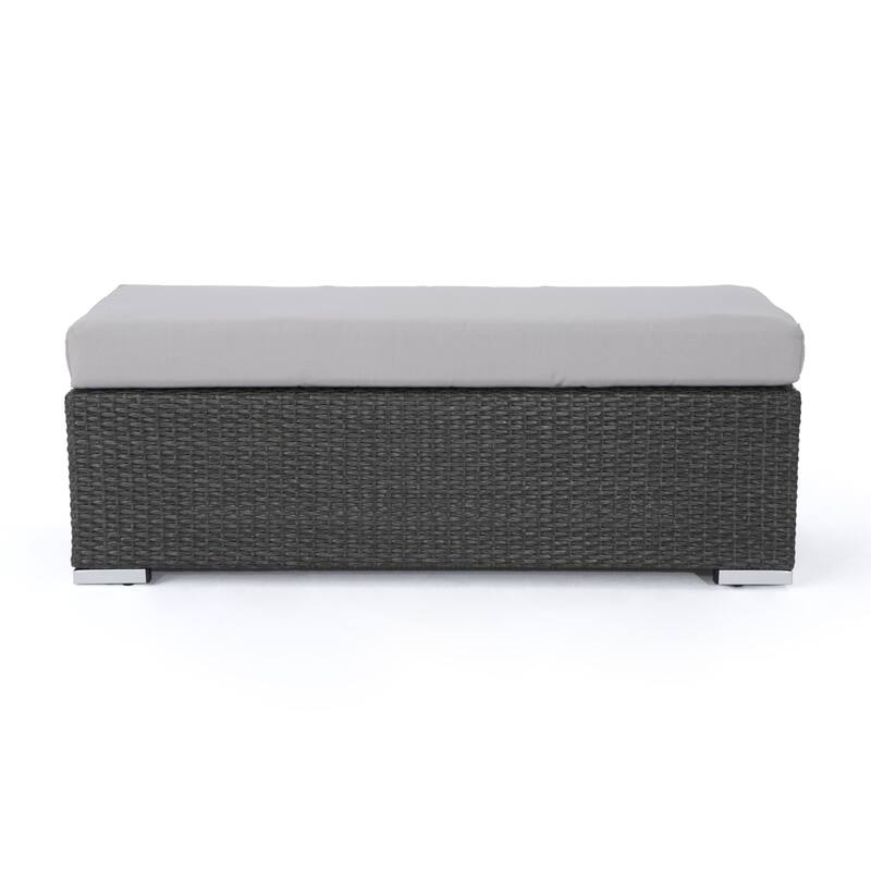 Roomfitters Outdoor Wicker Patio Bench with Cushioned Seat, Rectangular Rattan Ottoman, Poolside Seating for Garden, Grey
