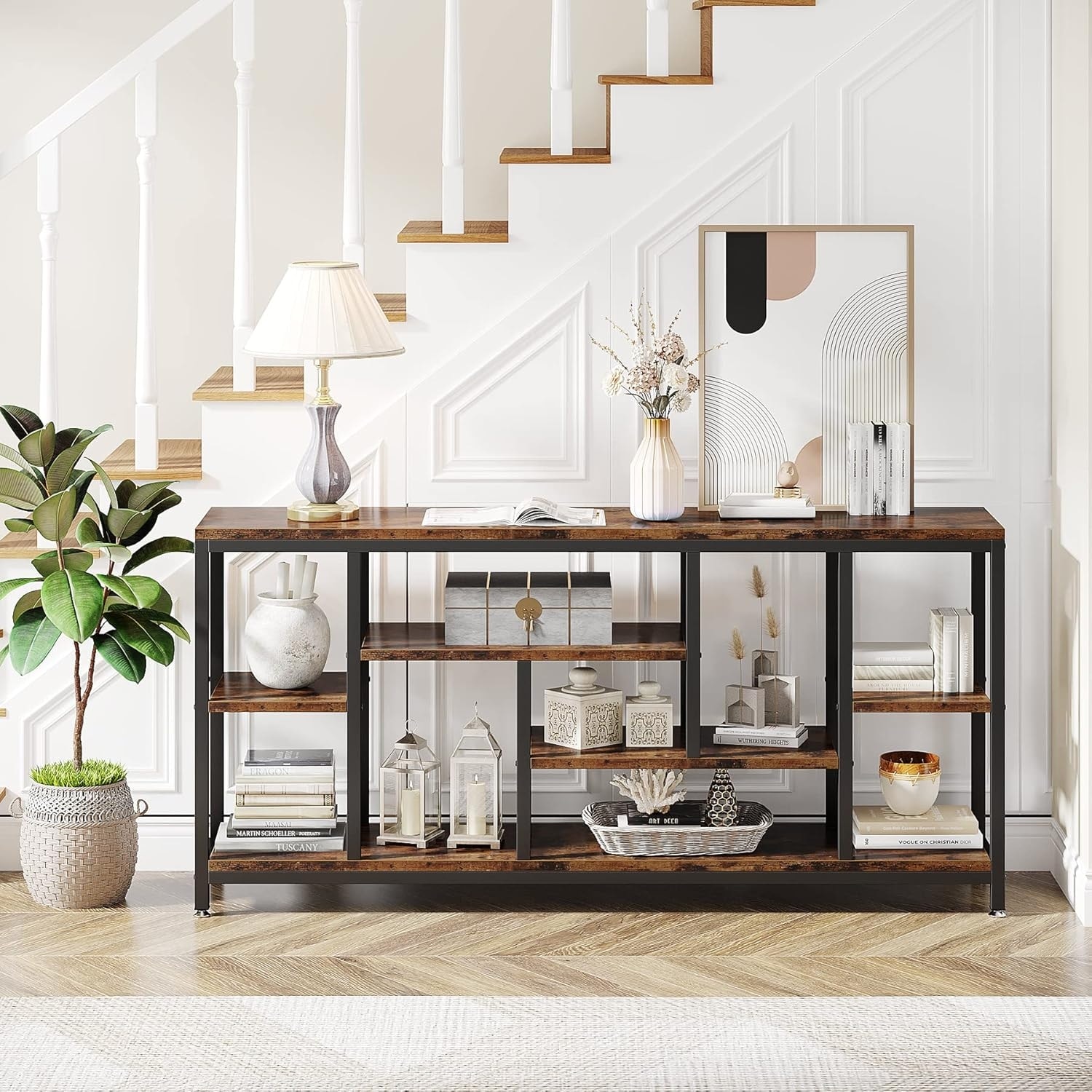 70.9" Rustic Brown 3-Tier Industrial Console Table, Extra Long Sofa Table with Storage Shelves for Entryway or Living Room