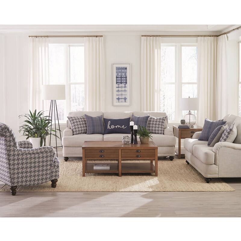 Linen-Like Fabric Loveseat with Recessed Arms in Light Grey and Dark Brown