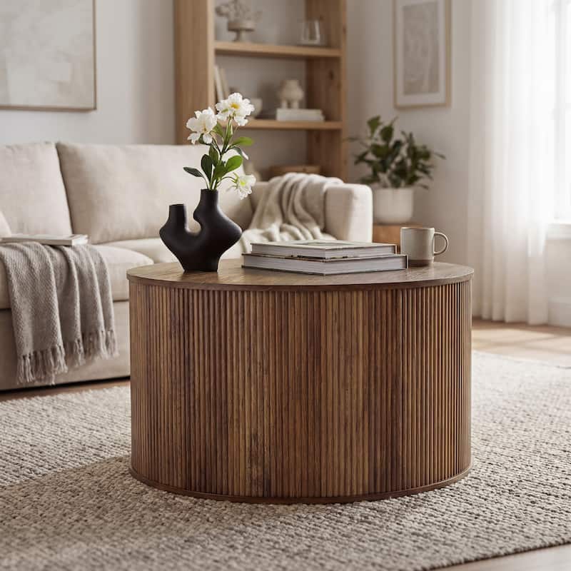 31.5" Round Solid Wood Coffee Table with Fluted Base, Rustic Modern Center Table - Brown