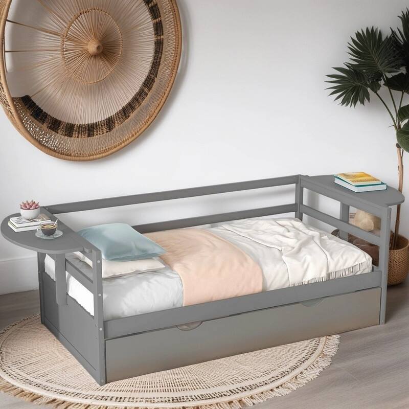 Twin Size Kids Bed Daybed with Trundle and Foldable Shelves on Both