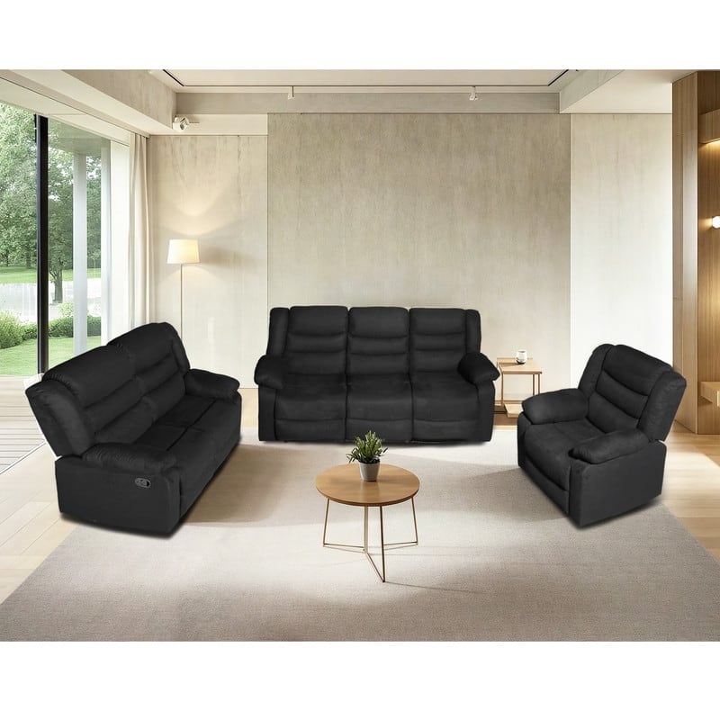 Modern 3-Piece Manual Reclining Living Room Sofa Set with Dropdown Table and Console - Recliner+Loveseat+Sofa+Black - Chamois